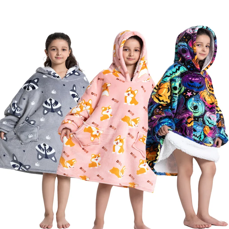 

Children New Patchwork Print Pocket Multi-functional Lazy TV Blanket Thick Cartoon One-piece Pajamas Hooded Loungewear