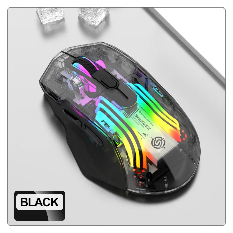 עכבר משחק אלחוטי שקוף עם Bluetooth 3 מצבים 2.4G+BT+מחובר עם אפקט אור RGB, עכבר משחק נטען ושקט לגיימרים