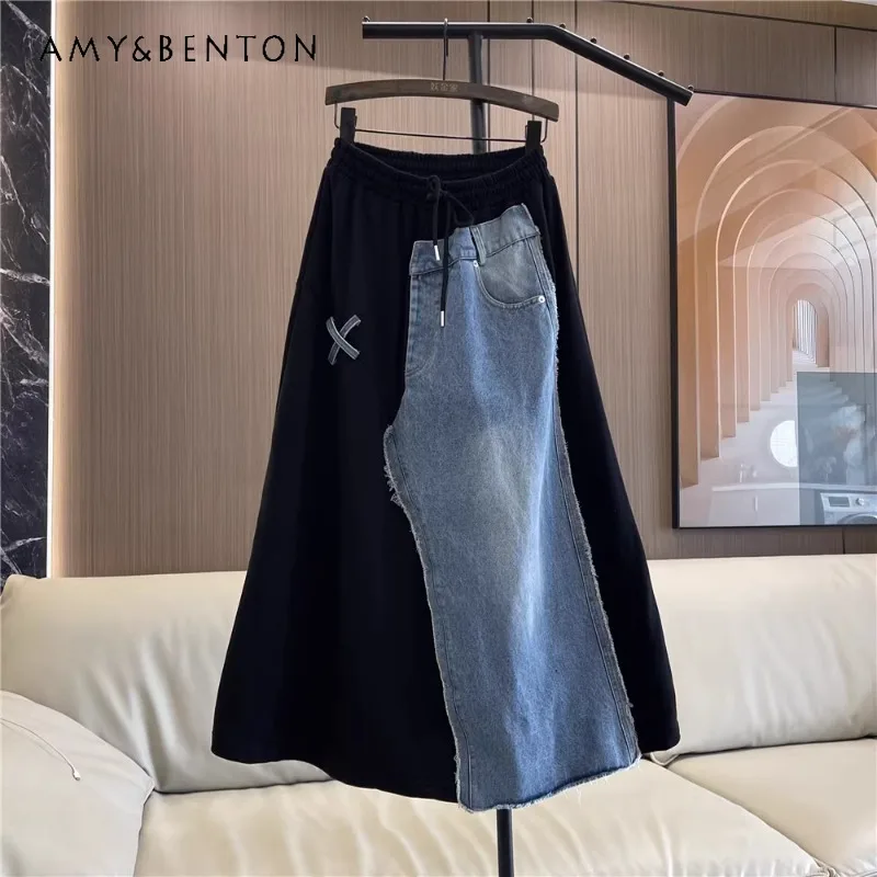 Irregular Personality Stitching Denim Skirts Spring Autumn New High Waist Slimming American Streetwear Mid-Length Jeans Skirt women s 2023 autumn winter new ins fashion personality avant garde hollow out one piece dress lace up two piece set bodysuit