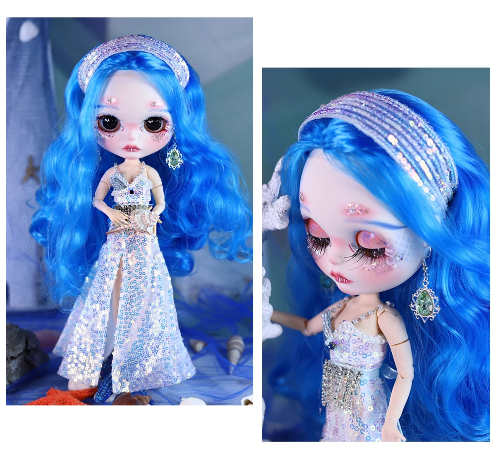 Nàng tiên cá - Cao cấp Custom Neo Blythe Búp bê tóc xanh da trắng khuôn mặt dễ thương mờ 5