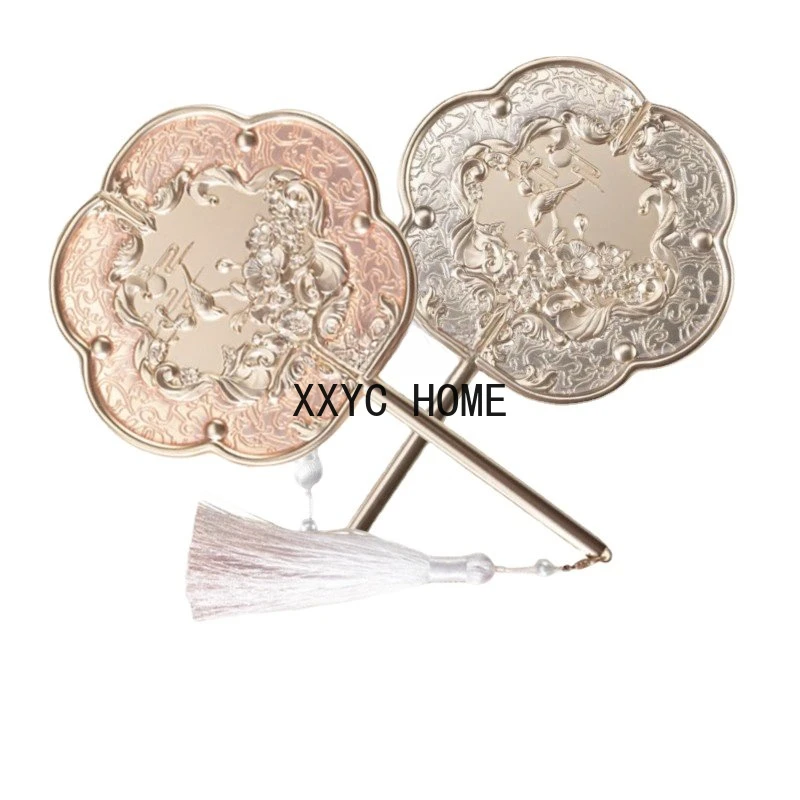 

yj Ancient Style Han Chinese Clothing Photography Props Flowers Know Flower God Circular Fan Alloy Hand Mirror Makeup Mirror