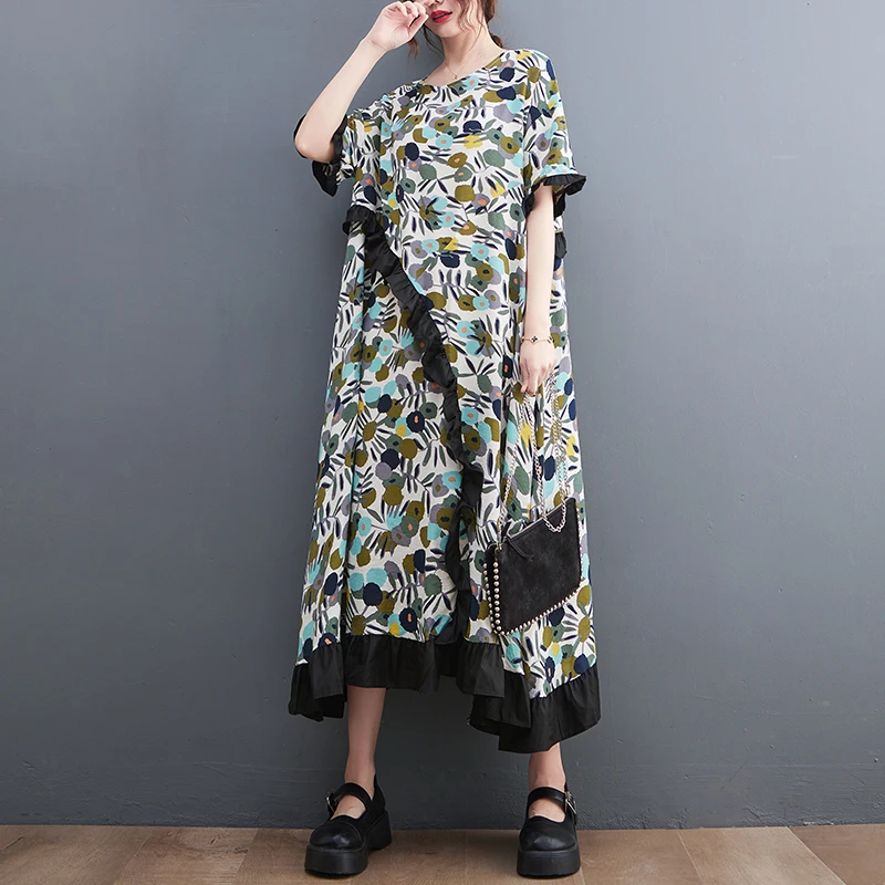 

2023 New Arrival Korea Style Patchwork Print Floral Ruffle Street Fashion Girl's Summer Dress Women Casual Long Dress