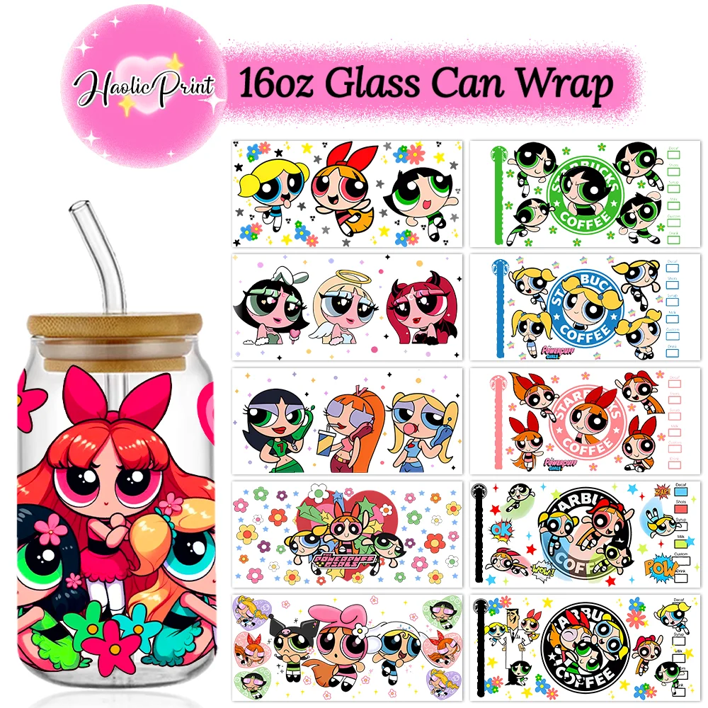 Powerpuff Girls UV DTF Cup Wrap 16oz Libbey Glass Can DIY Sticker Cartoon Selfadhesive Washable Blossom Bubbles Buttercup sticker cups,cup wraps,uv dtf wrap transfer