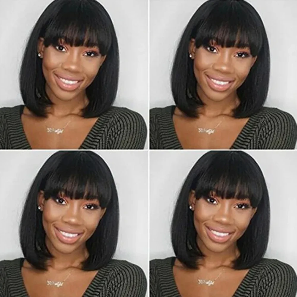 짧은 변태 스트레이트 밥 가발 앞머리 4x2 여성용 글루리스 가발 180% 실제 두피 전체 기계 제작 인간의 머리 가발 착용하기 쉬운