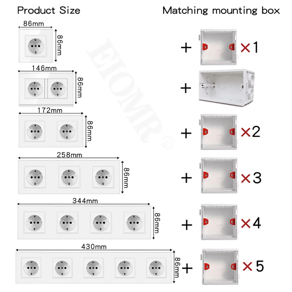 EIOMR-EU Tomada de parede USB padrão com porta de carregamento tipo C, 5V, 2.1A, 146mm,86mm, painel PC retardador de chamas, 16A, 220V