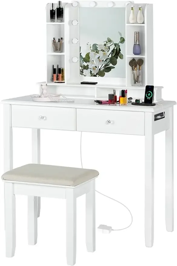 

Vanity Table Set with Lighted Mirror & Power Outlet, Makeup Dressing Table and Cushioned Stool Set with 3 Large Drawers for Wome