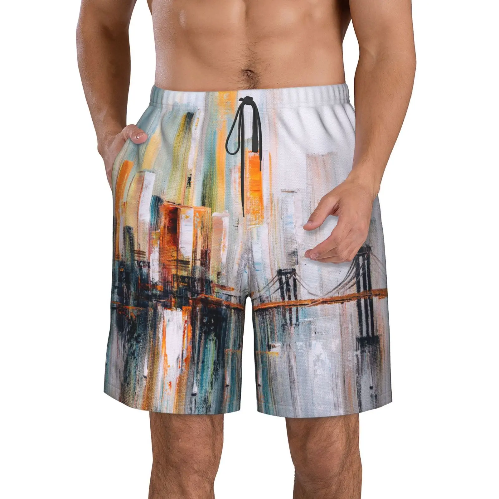 

Wansici Beach Shorts Adults Pants Oil Painting - Brooklyn Bridge, New York