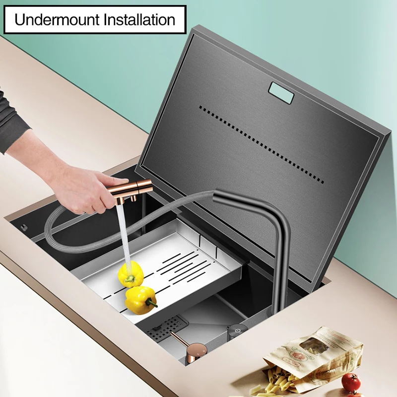 Nanometer Black Hidden kitchen Sink SUS 304 Stainless Steel 4mm Thickness Flip Cover Hidden Handmade kitchen Sinks 4
