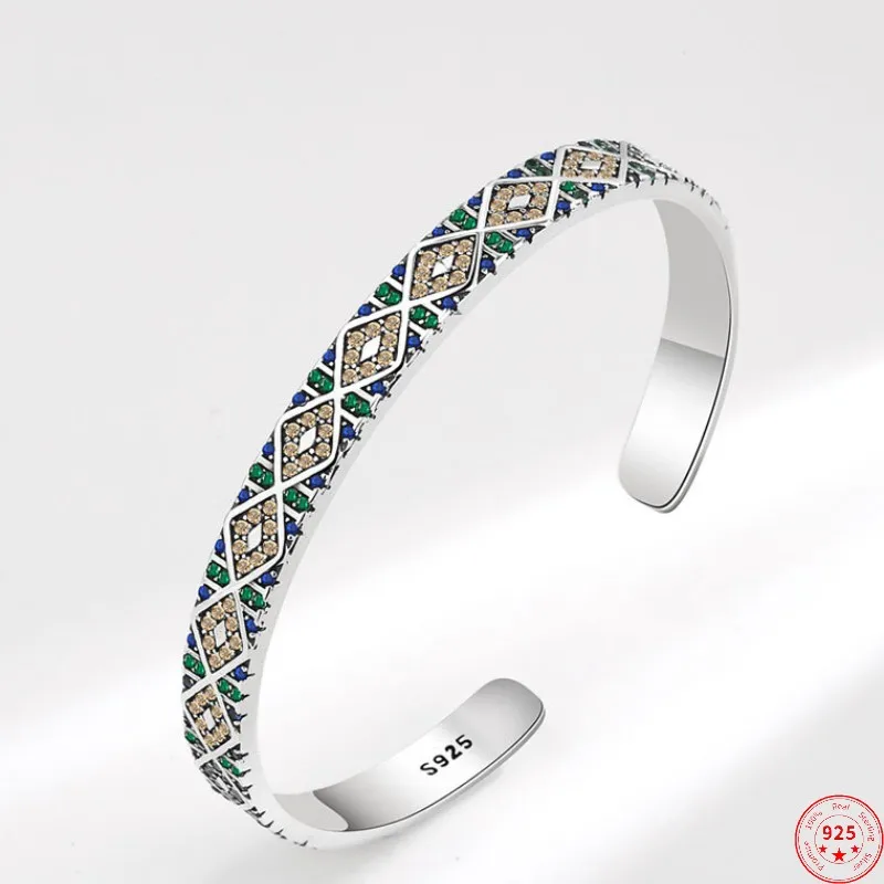 

Genuine S925 Sterling Silver Bracelets for Women Devil's Eye Geometrically Colorful Zircon Bangle 2023 New Argentum Jewelry