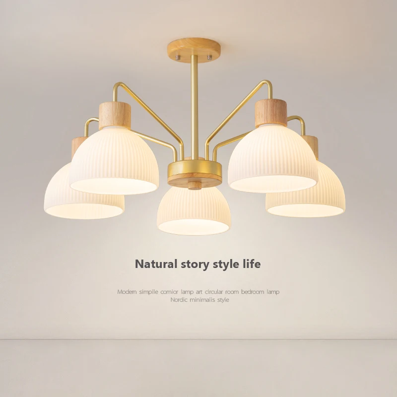 

Nordic wood Japan style chandelier living room rubber glass lampshade bedroom chandelier simple dining room lamp with bulb