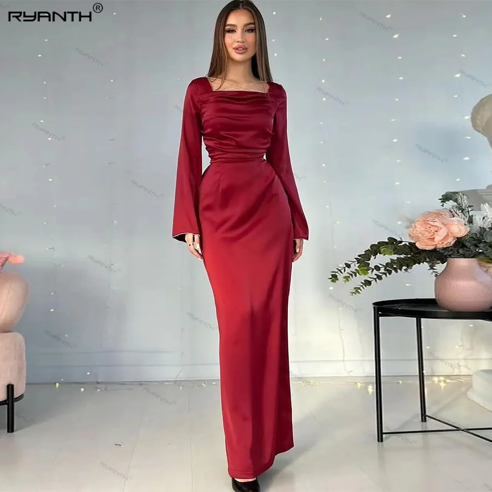 

Ryanth Red Square Neck Mermaid Prom Dress For Women Full Sleeve Stain Evening Dress Saudi Arabic Celebrity Wedding Party Dress