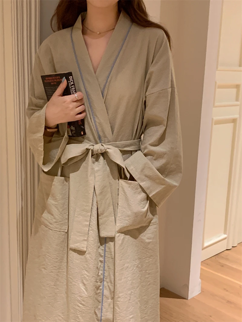 

Women V Neck Cotton Night Robe Spring Autumn Long Sleeve Cardigan Nightgown Simple Casual Breathable Home Clothes Belt S296