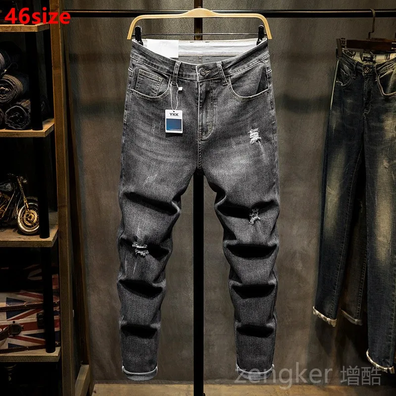 Spring tide jeans men's stretch small foot nine-quarter trousers ripped harem trousers 46 large size men's ankle-length