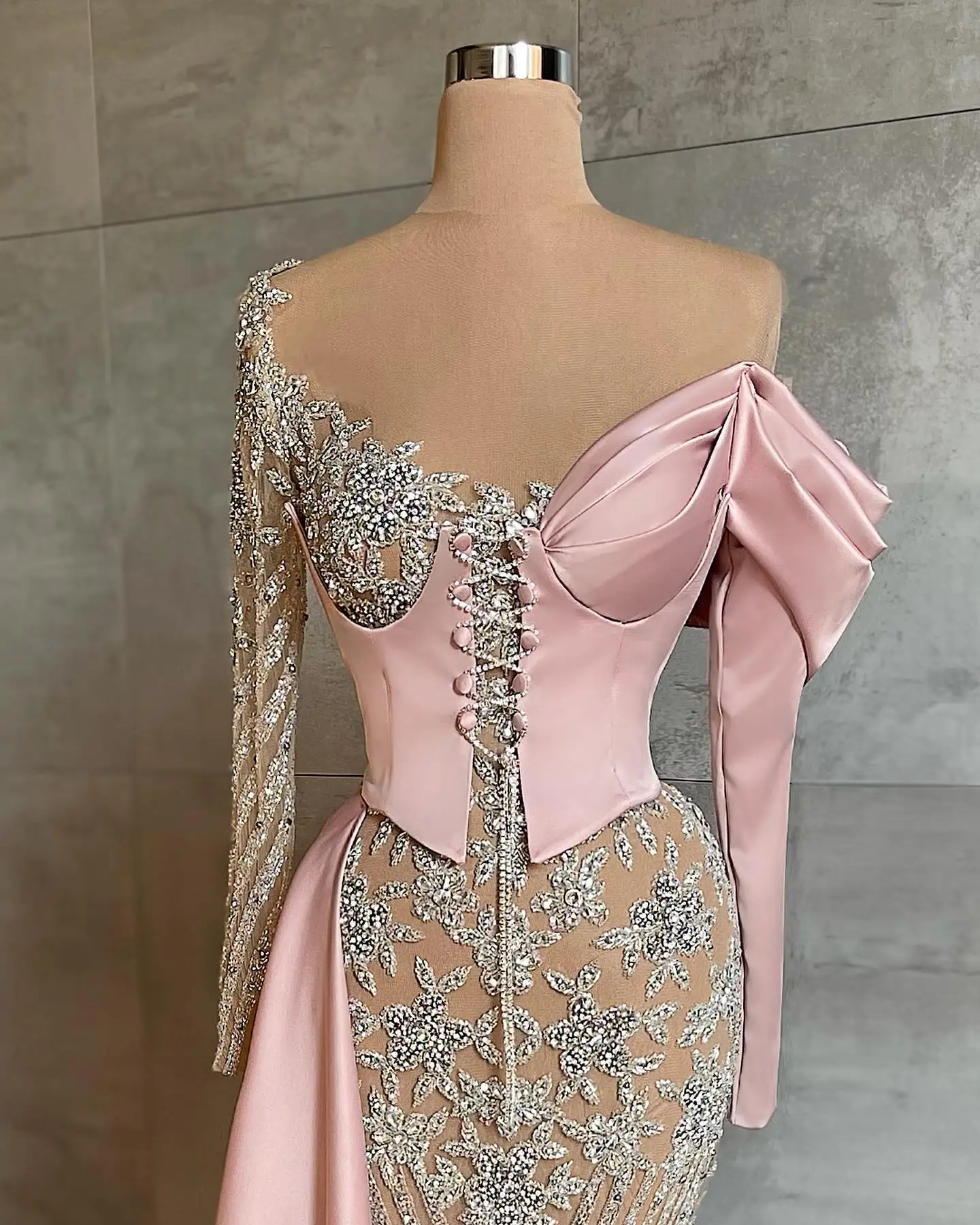 green evening dress Illusion Pink Mermaid Evening Dresses Appliques Beaded Crystals Long Sleeves Prom Gowns Formal Party Wedding Dresses Custom Made red evening gowns