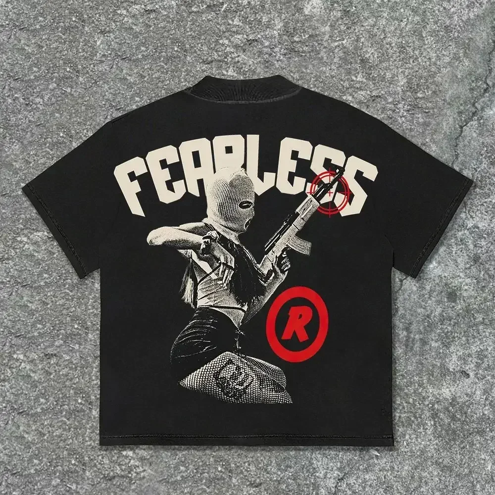 Y2K Harajuku New T Shirt Men Fearless Hip Hop Gothic Graphic Oversized Cotton Tshirt Punk Short Sleeved Street Wear Casual Tees 2
