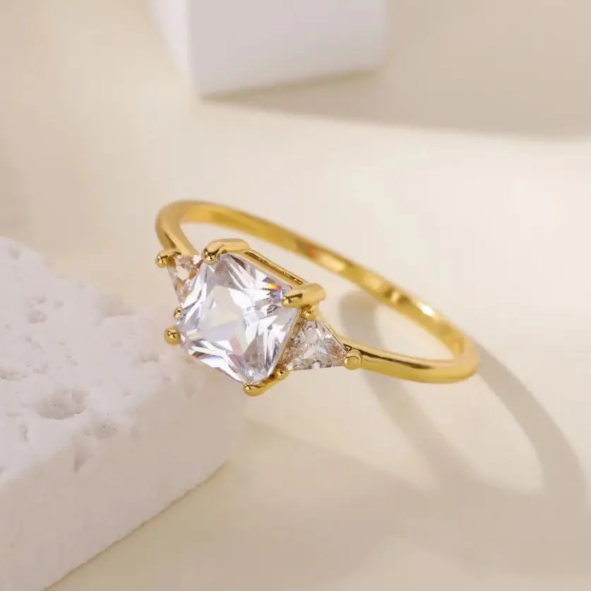 Zircon Square Ring for Women 18K Gold Plated Stainless Steel Crystal
