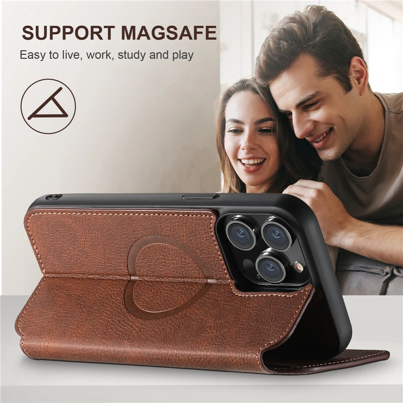Magnetic Wireless Charge Case for iPhone 15 Pro Max 14 13 12 Pro Max 15Plus Shockproof Leather Wallet Card Slots Flip Cover Case