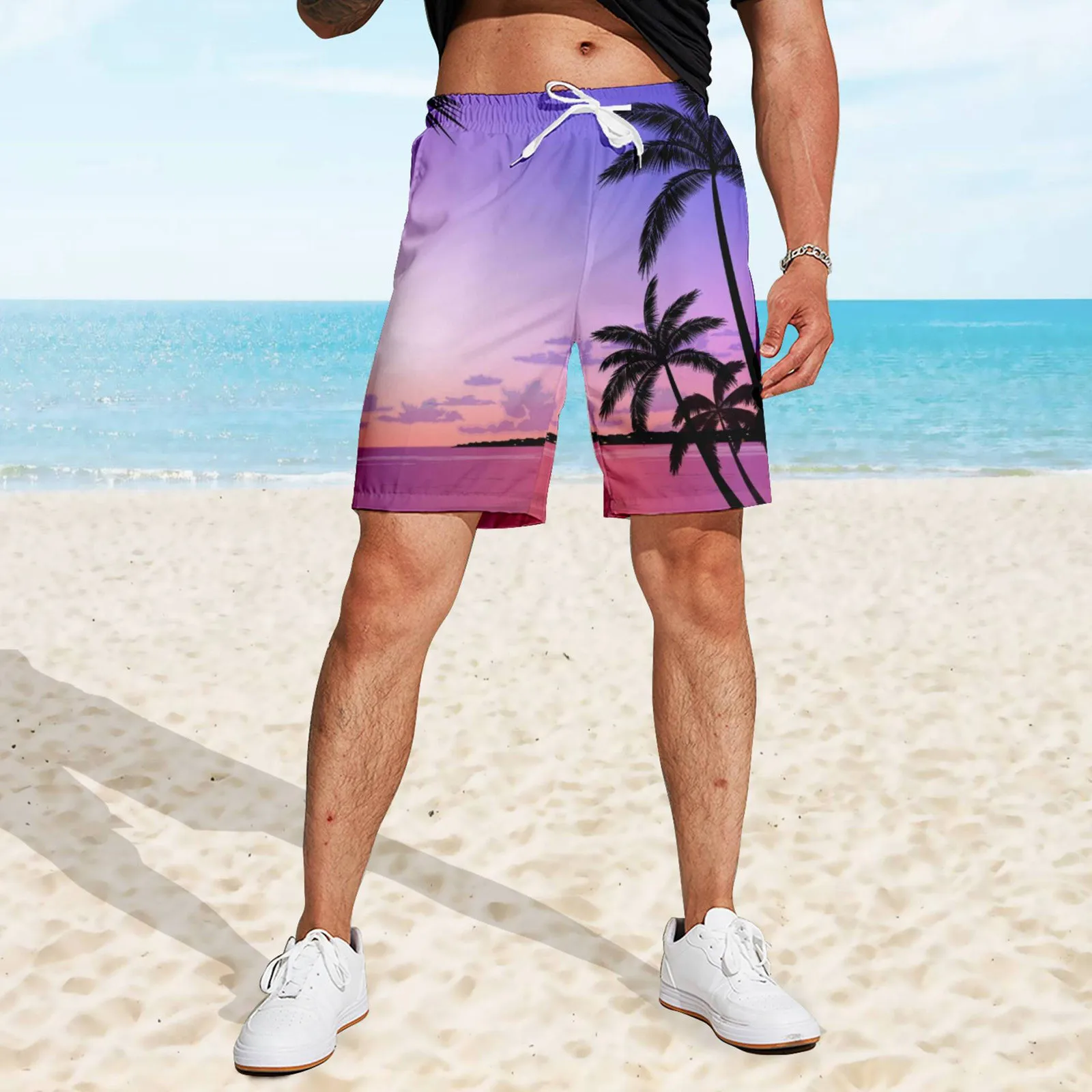 

Hawaiian Loose Shorts Leaf Print Trunks Elastic Summer Drawstring Men's Shorts Breathable Vacation Holiday Pantalones Cortos