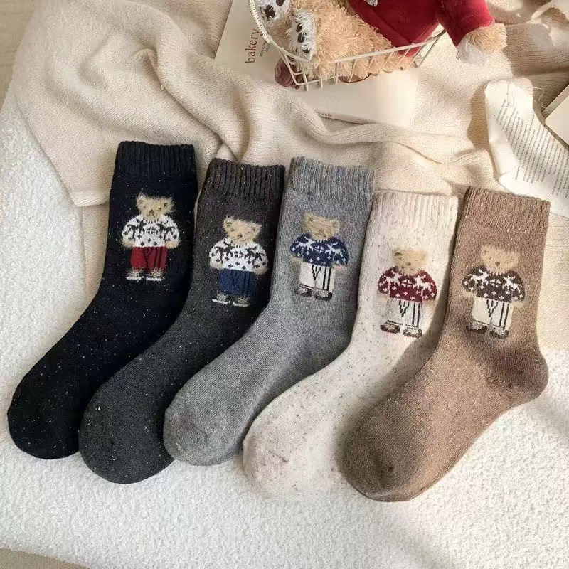 Thick Socks Women's Autumn Winter Harajuku Cute Flocking Cartoon Sweet Bear Middle Tube Women Thick Warm Comfortable Stockings