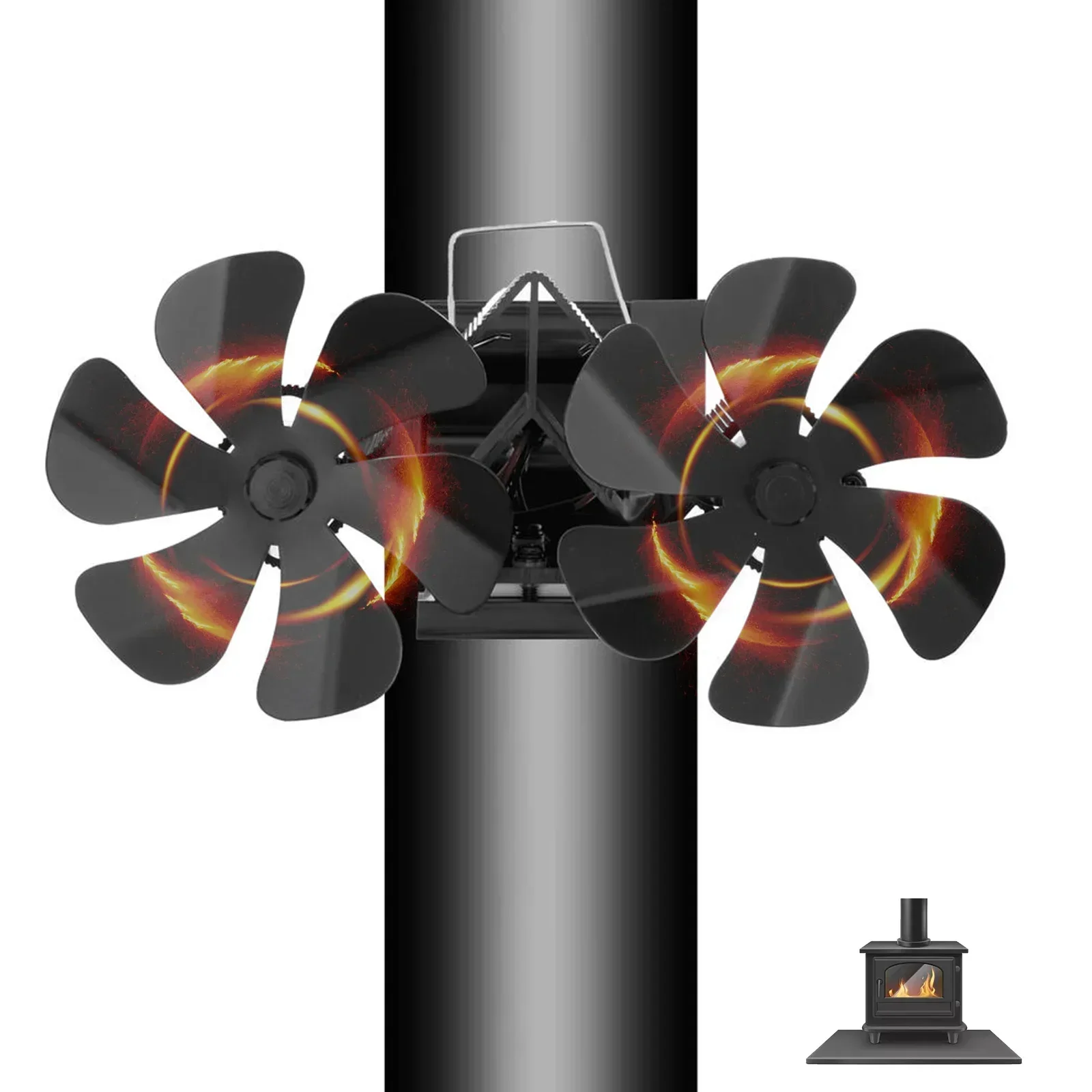 12 Blades Wall-Mounted Heat Powered Stove Fan Fireplace Fan Double Head 12 Blade Furnace Wall Mounted Unpowered Operation