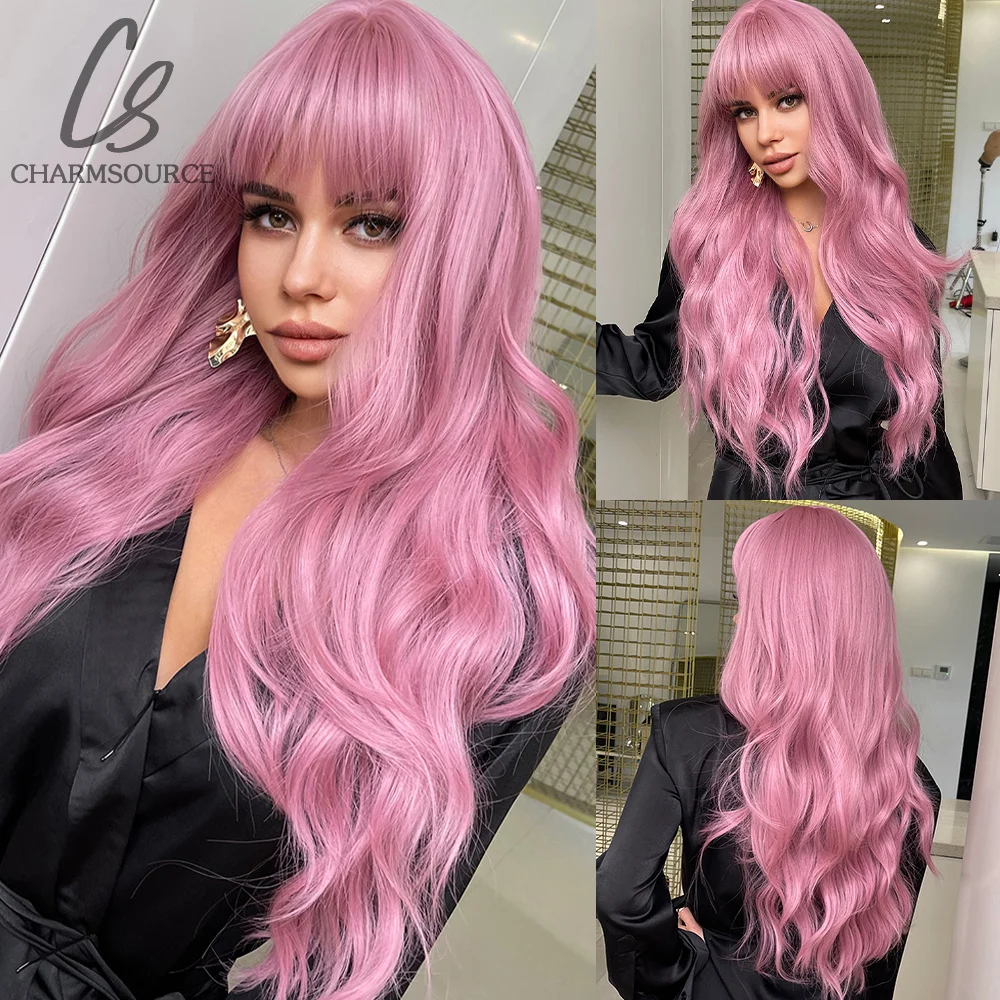 

CharmSource Pink Synthetic Wig Long Natural Wavy Wigs with bangs for Women Party Daily High Density Heat Resistant