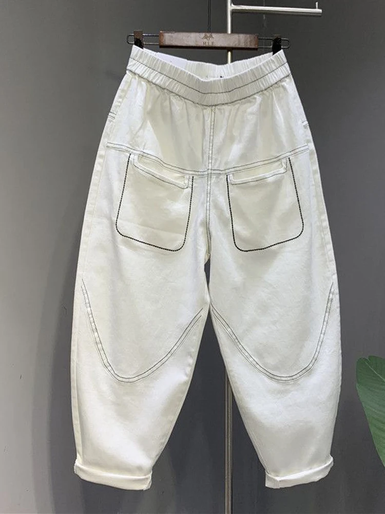 White Hip-hop Daddy Jeans Female 2023 Quilted Pocket Loose Slim Covering Meat Harem Baggy Pants Bloomers Womens Jeans spring denim harem pants women high waist loose thin elastic daddy pants overalls 2022 new female radish pants nine point pants