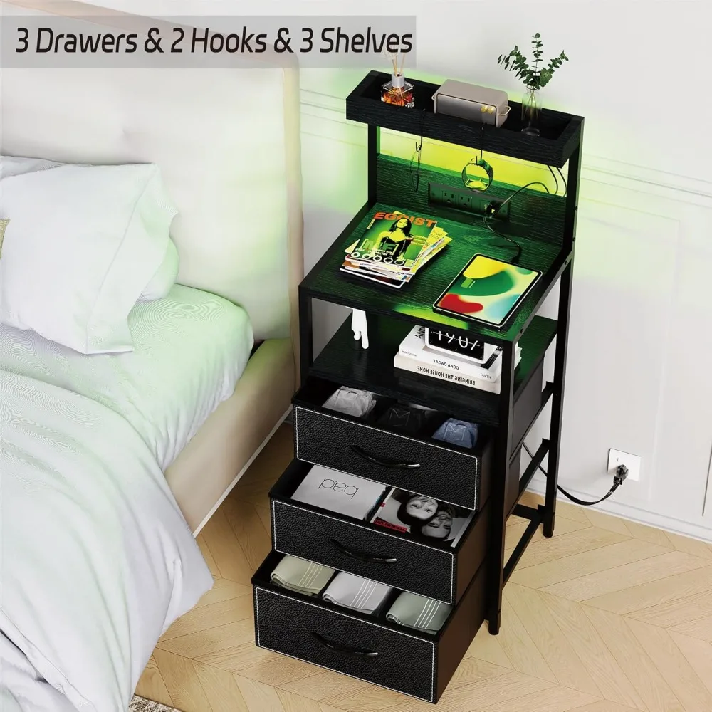 LED Nighstand with Charging Station, Dresser Nightstands with 3 Drawers and LED Lights, Nightstand with 3 Shelf and Hooks 4