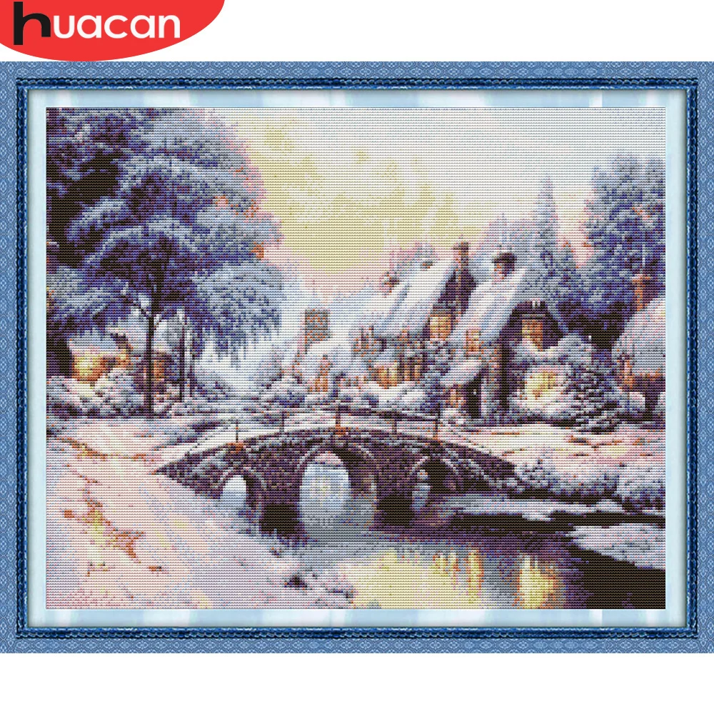 HUACAN Cross Stitch Winter Scenery Needlework Sets Embroidery Snow Landscape Kits White Canvas DIY Home Decor 14CT 40x50cm cross stitch kit,cross stitch tools