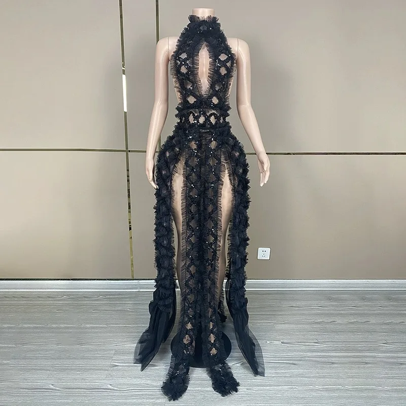 

Black Mesh Sequins Sexy Hollowed-Out Halter See-Through Dress Evening Party Prom Nightclub Singer Performance Costume Stage Wear