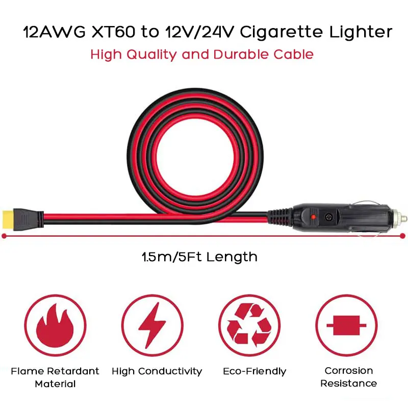 12AWG 1.5m/5Ft Car Cigarette Lighter Adapter Cable 12V 24V to XT60 For ALLPOWERS R600 Ecoflow Delta/River Anker Bluetti Solar Generators