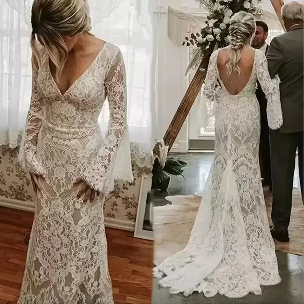 

Gorgeous Lace 2024 Mermaid Wedding Dresses Bridal Gown Deep V Neck Backless Long Poet Sleeves Sweep Train Vestidos De Novia