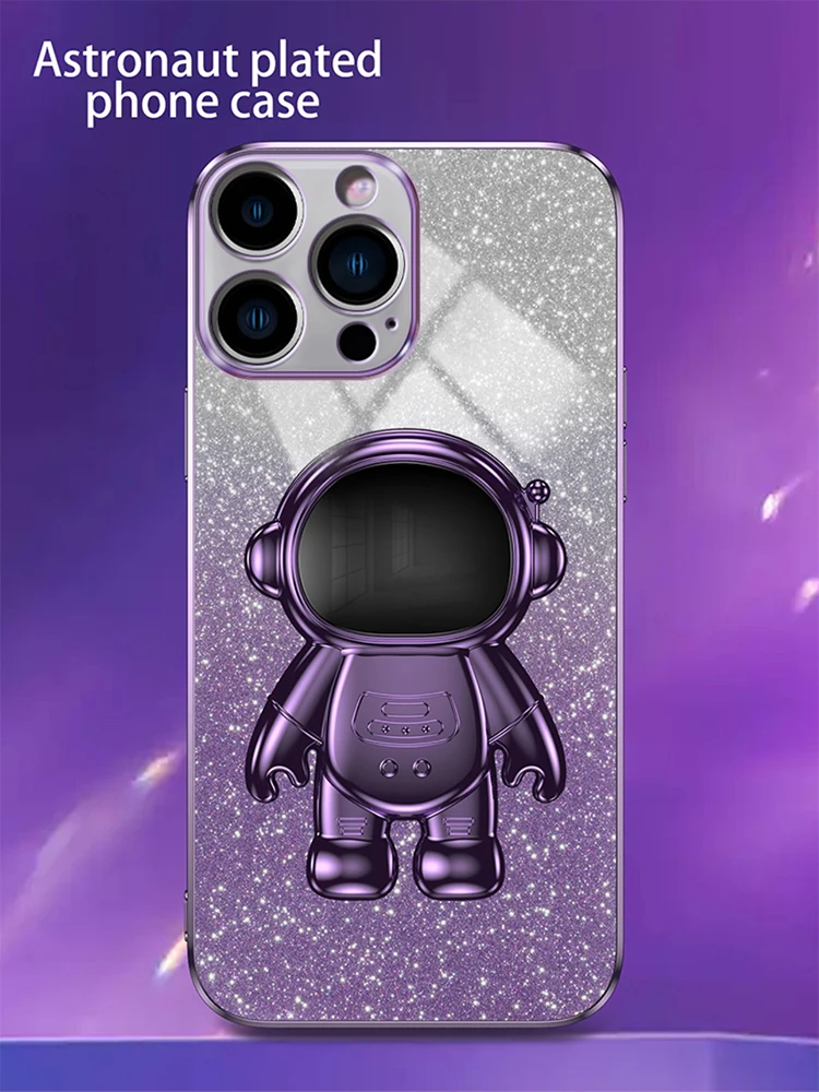 Support d'astronaute plaqué paillettes, Cae pour Iphone 15 14 13 12 11 Pro Max, Mini support, housse en Silicone sur Apple X Xr 6 7 8_voghion.com