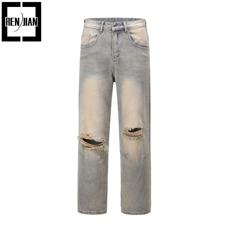 

Fashion High Street Vibe Jeans Pants Streetwear Hip Hop Ripped Denim Trousers Washed Vintage Distressed Bottoms
