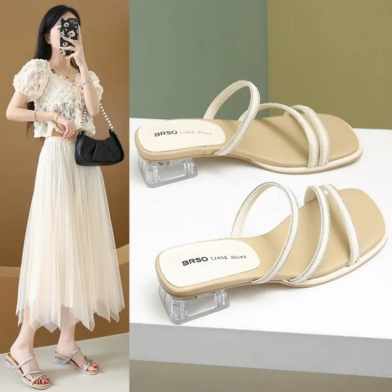 Women Sandals Ladies Square Heels Elegant Summer Slippers Outside Cross Tied Leather Female Slides 2024 Fashion Woman Sandals
