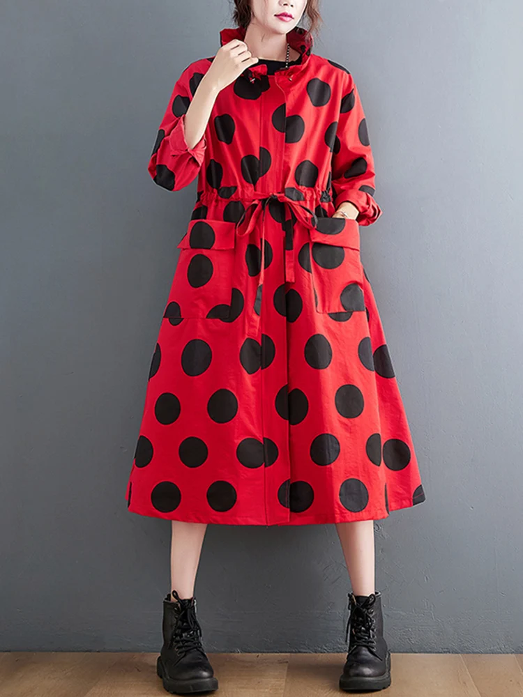 2025 Autumn Winter Oversized Polka Dot Long Trench Coat For Women Clothes Stand Collar Drawstring Fashion Casual Loose Outerwear