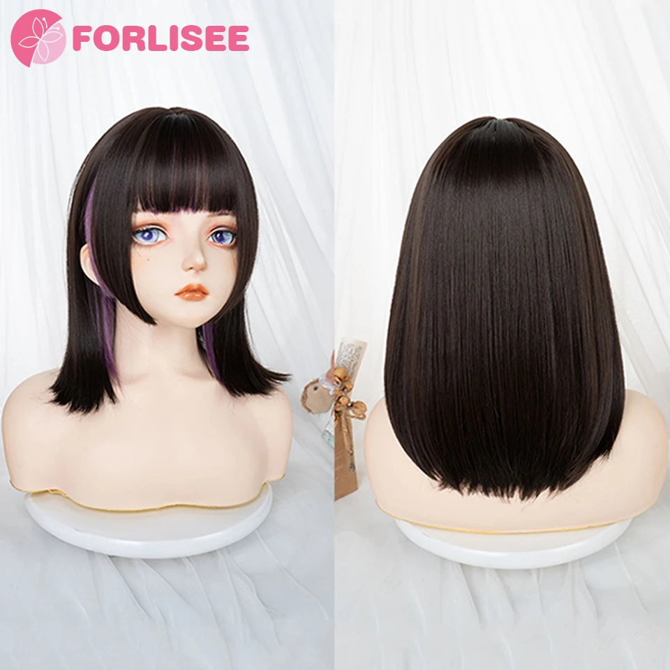 FORLISEE-Perucas curtas e retas com franja para mulheres, cabelo sintético natural roxo em camadas, fibra resistente ao calor, cosplay diário