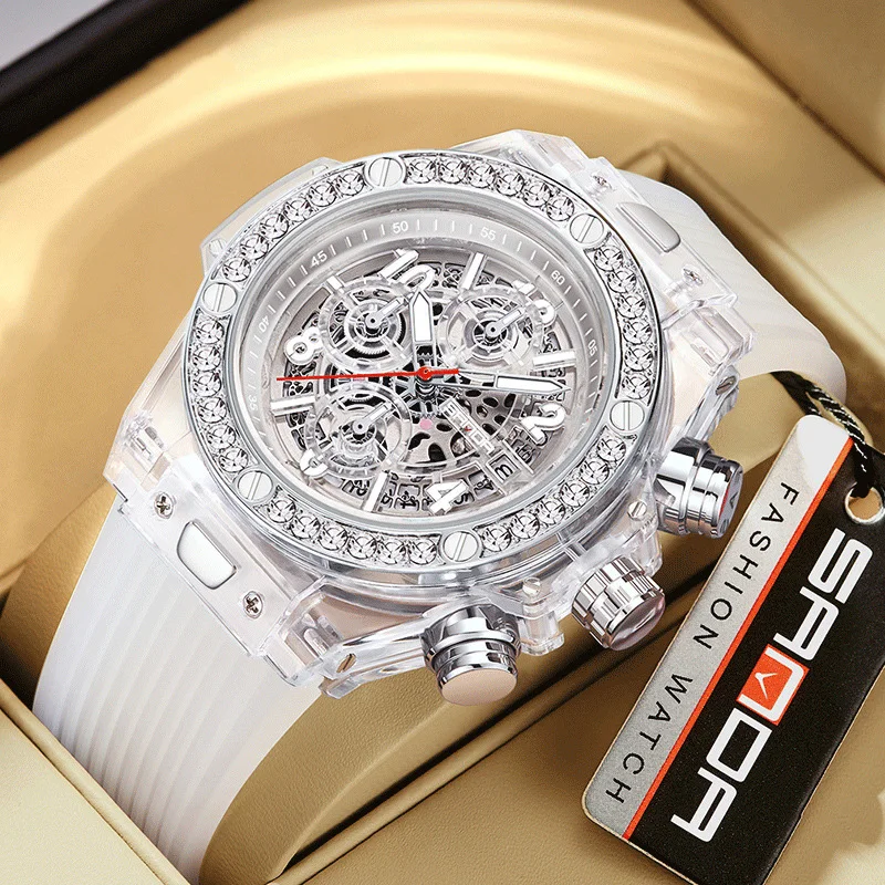 

Sports Chronograph Watches Men 2023 New Luxury White Silicone Band Skeleton Waterproof Luminous Date Fashion Creative Wristwatch