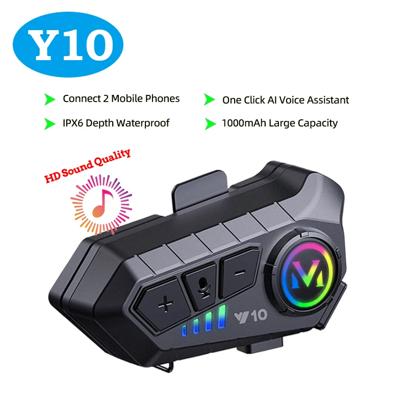 Y10 Motorcycle Helmet Bluetooth Headset Connect 2 Phones At The same time IPX6 Waterproof The Large Batterylasts 48 Hours