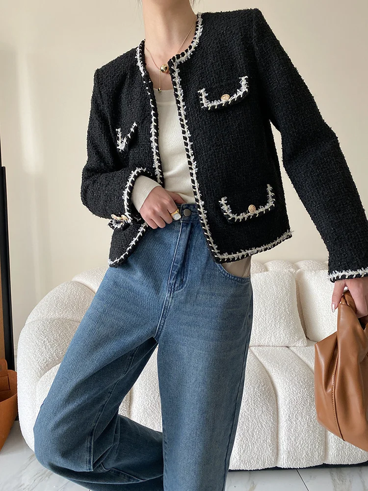 

Loose Fit Black Color-block Brief Tweed Jacket New O-neck Long Sleeve Women Coat Fashion Tide Spring Autumn 2023 M903