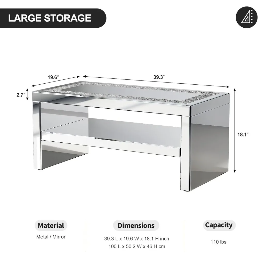 Mirrored Coffee Table with Mirror Crystal Board, Glass Rectangle End Table Coffee Tea Table with 2 Tier for Living Room Bedroom 2