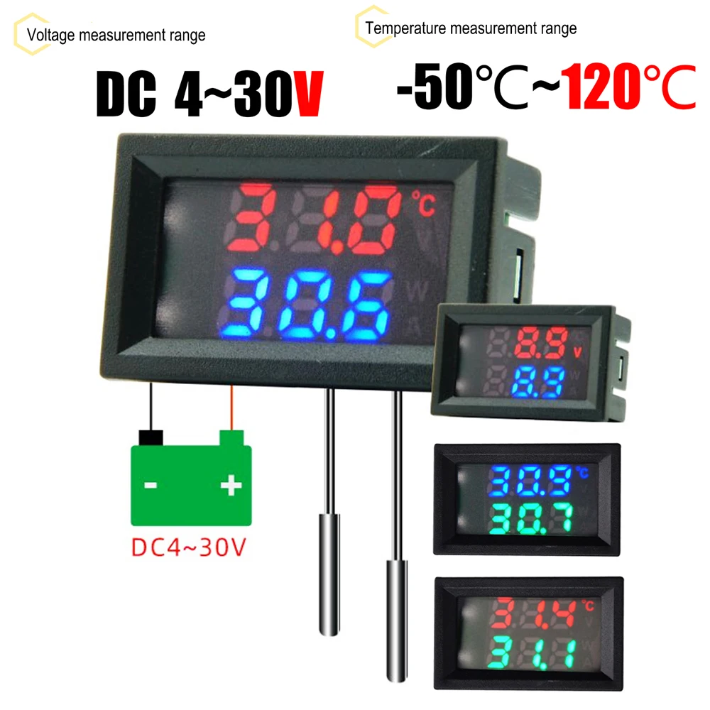 DC4-30V 100cm Digital DC Single Voltmeter and Thermometer Temperature Sensor Detector With NTC 10K 3950 Probe Temp Tester Gauge