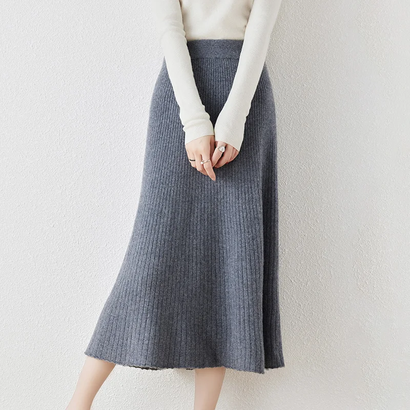 Autumn New 100% Pure Wool Skirt Female Solid Color Loose Joker A-Line Skirt Knitted Cashmere Bag Hip Skirt Female