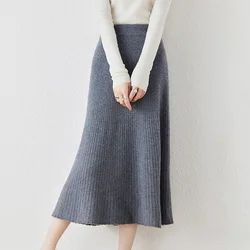 Autumn New 100% Pure Wool Skirt Female Solid Color Loose Joker A-Line Skirt Knitted Cashmere Bag Hip Skirt Female