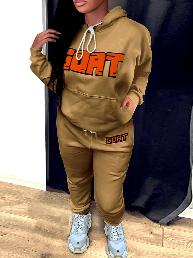 

Women Letter Print 2 Piece Lounge Sets Activewear Hooded Long Sleeve Front Pockets Sweatshirt with Drawstring Waist Jogger Pant