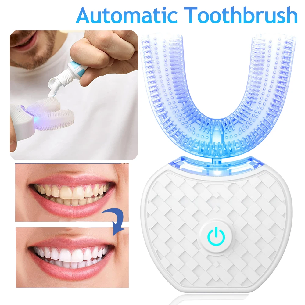 Automatic Sonic Electric Toothbrush U-shaped Waterproof Toothbrush 4 Modes USB Rechargeable Teeth Whitening Blue Light