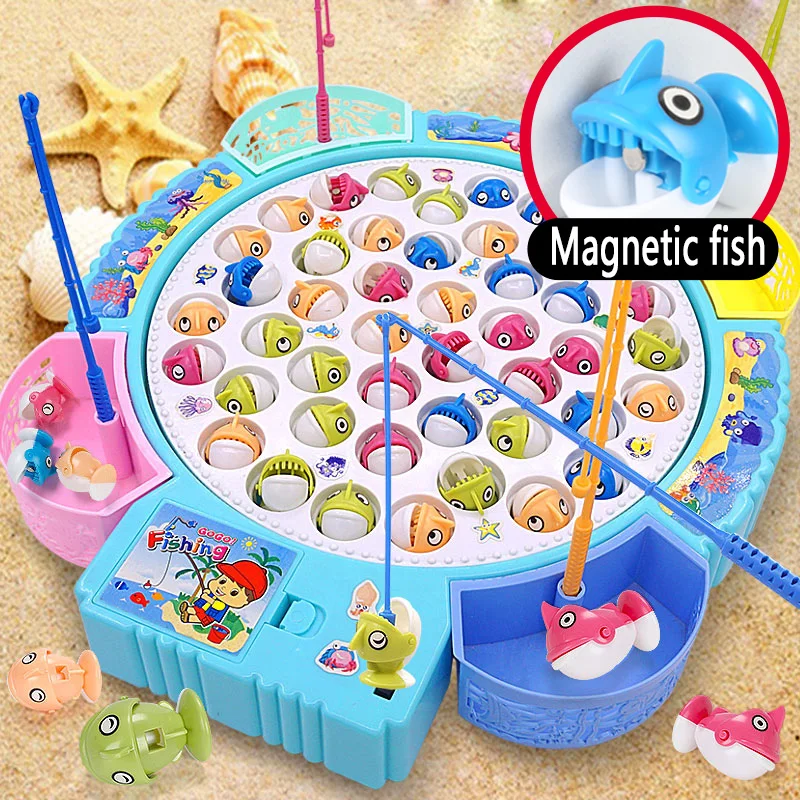 Magnetic fishing toys fish and rod with magnetic rotating fishing game with music red and blue color optional size optional, fishing toys,fishing game