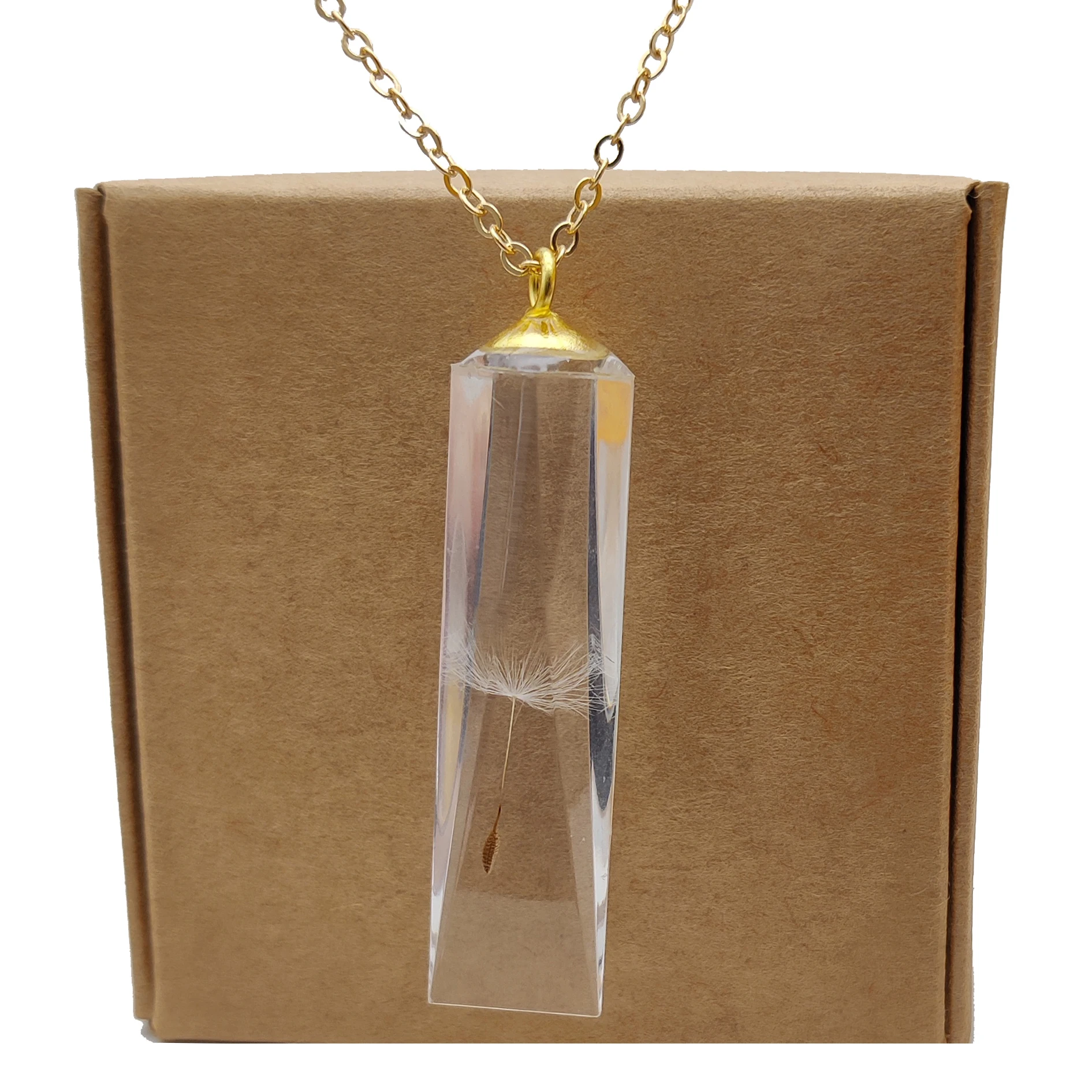 Dandelion Make a Wish Sliced Mirror Cuboid Resin Gold Color Pendant Chain Long Necklace Women Boho Jewelry Bohemian Handmade cuboid resin molds rectangular silicone casting moulds reusable epoxy mould 264e