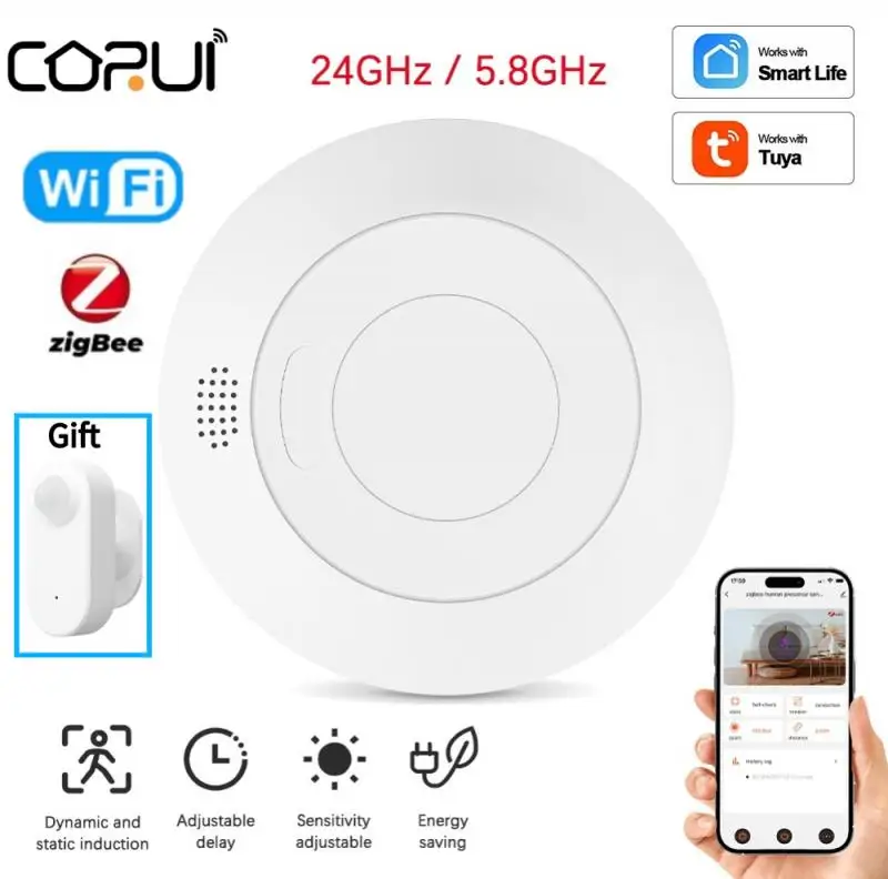 

CORUI Tuya Zigbee WiFi Smart Human Presence Detector MmWave Pir Motion Sensor Luminance Detection, Built In Relay For Lighting