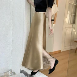 Elegant Lace Splicing Satin Side Slit Women's Midi Skirt - Slim High - End Fashion - M (Champagne)
