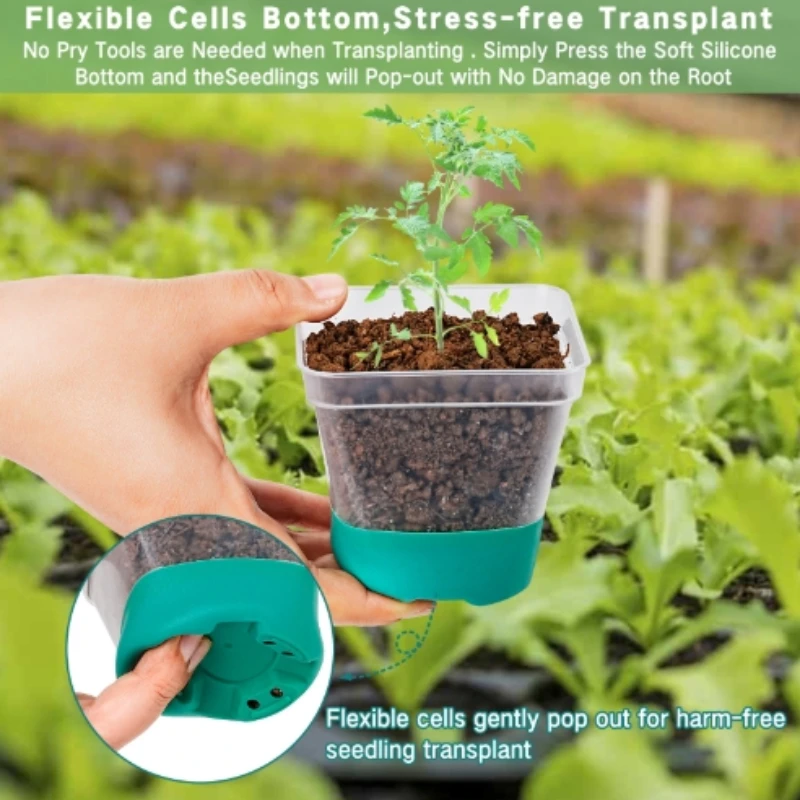 6 plastic square flower pots, transparent planting and seedling pots, reusable, breathable with silicone bottom and label